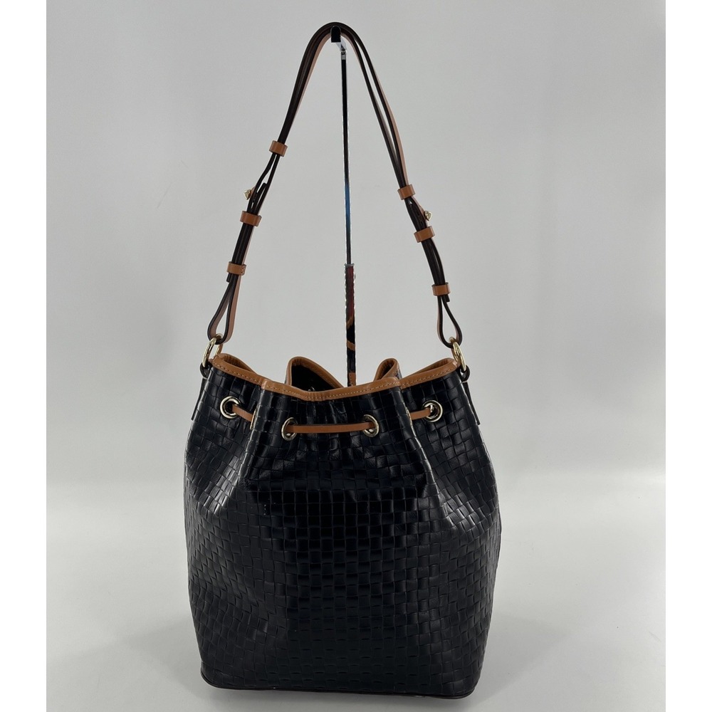 Dooney & Bourke Drawstring Bag Woven Look Embossed Leather Black & Caramel Trim - Picture 7 of 16